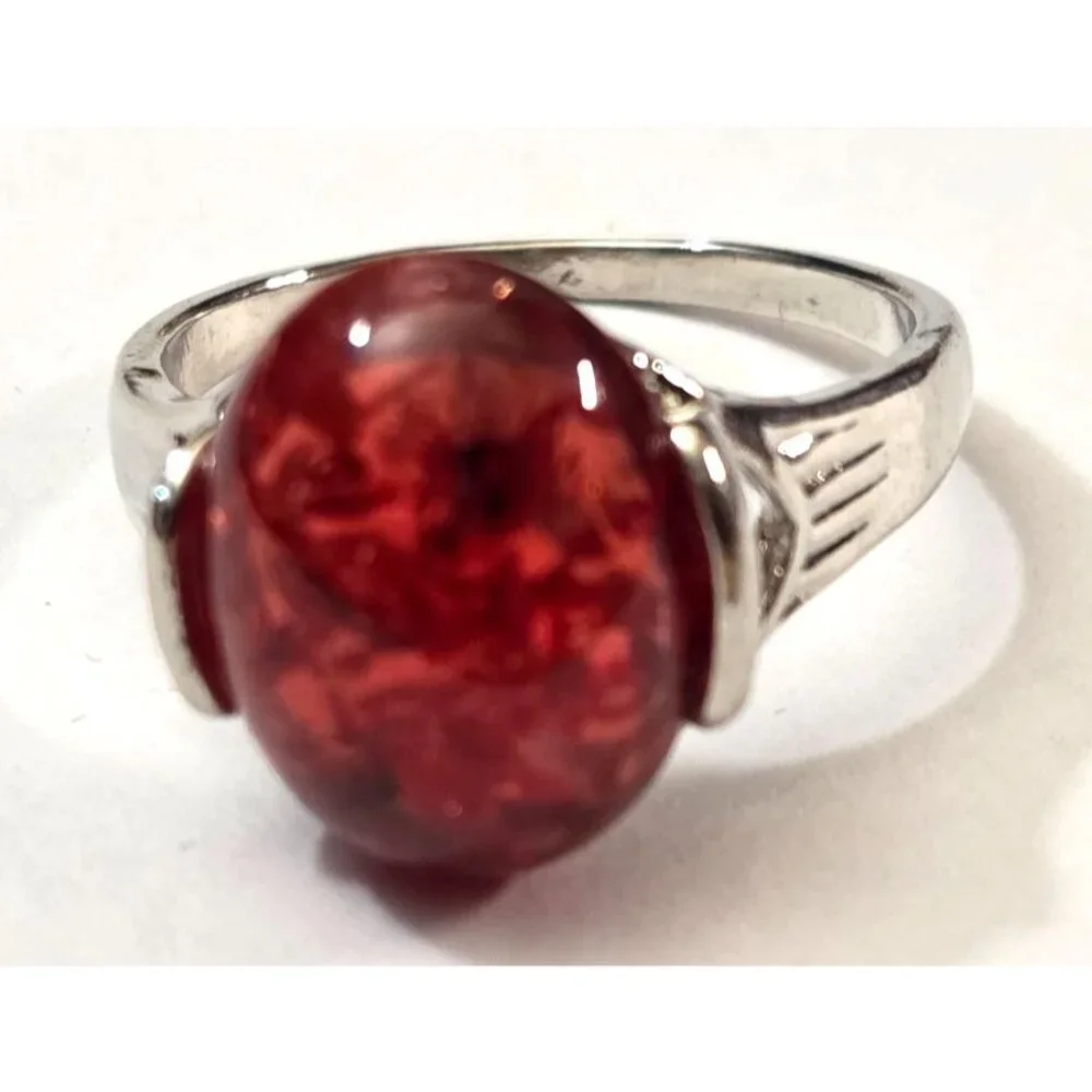 Vintage New Old Stock Red Oval Stone Large Plus Size 10 Ring Silver-Tone Band